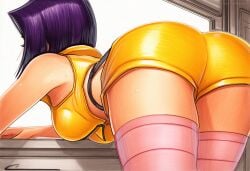 2025 ai_generated artist_name ass bike_shorts breasts crazyfishbones faye_valentine female large_breasts long_hair purple_hair shorts solo thighhighs