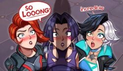 1boy 3girls avengers bigger_male black_hair black_widow_(marvel) black_widow_(marvel_rivals) english_text faceless_male femsub foursome heterochromia imminent_oral imminent_sex large_penis light-skinned_female light_skin looking_at_penis luna_snow luna_snow_(marvel_rivals) maledom marvel marvel_comics marvel_rivals massive_penis neggoartz open_eyes penis penis_awe penis_out penis_shadow psylocke psylocke_(marvel_rivals) red_hair shadow size_difference smaller_female speech_bubble x-men