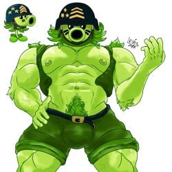 1boy abs anthro anthrofied balls bara boner boner_in_pants clothed clothing coat digital_drawing_(artwork) digital_media_(artwork) erect_nipples erected_penis erection face_paint gatling_pea_(pvz) gay green_coat green_shorts half_naked half_nude humanoid lionhearf03 looking_at_viewer male male_only mega_gatling_pea_(pvz) muscles muscular muscular_anthro muscular_male naked naked_male nipples nude nude_male plant plantie plants_vs_zombies plants_vs_zombies_2:_it's_about_time pubes pubic_hair shorts simple_background solo solo_focus solo_male white_background yaoi