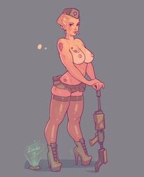 2d big_breasts breasts cigarette darkodraws female female_only high_heel_boots light-skinned_female light_skin nipples nsfw pale-skinned_female pale_skin pink_nipples rifle simple_background skirt solid_color_background solo tan tanline tanlines thighhighs watermark