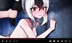 against_wall black_hair black_horns blue_archive blush breasts bright_pupils collar completely_nude fake_screenshot grabbing_another's_hair highres horns kayoko_(blue_archive) looking_at_viewer manli mole mole_on_neck multicolored_hair nude ponytail red_eyes red_horns scanlines small_breasts striped_horns two-tone_hair white_hair white_pupils