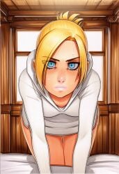 2025 ai_generated annie_leonhart artist_name blonde_hair blue_eyes blush breasts crazyfishbones female indoors looking_at_viewer short_hair sitting solo