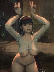 3d arms_up bangs black_hair blunt_bangs bracelet breasts female jewelry large_breasts lips long_hair looking_at_viewer navel nipples no_bra panties shirt_lift side-tie_panties solo standing stellar_blade underwear white_panties