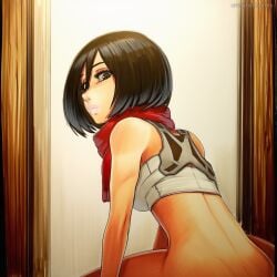 2025 ai_generated artist_name black_hair brown_hair crazyfishbones female midriff mikasa_ackerman red_scarf scarf short_hair sleeveless solo