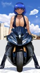 1girls 2024 2d_(artwork) big_breasts blue_hair_female blue_sky buildings cessa city cityscape cleavage clouds collar digital_media_(artwork) earrings erkazooya female_only headband high_heel_boots latex_boots looking_at_viewer motorcycle original original_character outdoors red_eyes_female rina_atherina_(errorkazoo) short_hair_female skimpy skimpy_topwear sky vehicle
