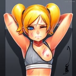 2025 ai_generated armpits arms_up artist_name blonde_hair blue_eyes breasts bubbles_(ppg) crazyfishbones female nipples one_eye_closed solo twintails