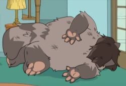 ambiguous_gender anthro brown_hair death family_guy_death_pose famir fur grey_body grey_fur hair inside lying mammal meme obscured_eyes on_side procyonid raccoon short_hair solo