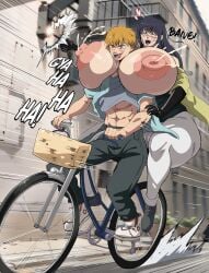 bike chainsaw_man denji_(chainsaw_man) dratvan head_between_breasts huge_ass huge_breasts huge_butt huge_nipples lactation mitaka_asa yoru_(chainsaw_man)