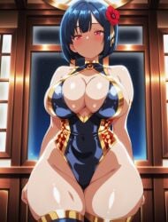 ai_generated blue_hair bodysuit cleavage cleavage_cutout hair_ornament red_eyes short_hair