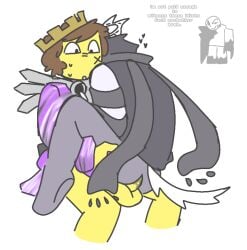 1boy background_character balls black_hair black_scarf black_shirt blush_lines bottomless brown_hair cradle_position crow crown detect_(artist) duo forsaken_(roblox) john_doe_(forsaken) john_doe_(roblox) male nonbinary penetration penis purple_clothing roblox roblox_game robloxian shedletsky shedletsky_(forsaken) source_request tail text thighs two_time_(forsaken) yaoi yellow_crown yellow_skin