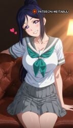 ai_generated aqua_neckerchief blue_hair blush breasts cleavage collarbone couch female green_neckerchief grey_sailor_collar grey_skirt grin head_tilt heart high_ponytail indoors lamp large_breasts long_hair looking_at_viewer love_live! love_live!_sunshine!! matsuura_kanan meitabuu miniskirt neckerchief on_couch pleated_skirt ponytail purple_eyes sailor_collar school_uniform serafuku shirt short_sleeves sidelocks sitting skirt smile solo teeth uranohoshi_school_uniform white_shirt