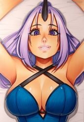 2025 ai_generated armpits artist_name breasts cleavage crazyfishbones female horns large_breasts lying purple_eyes purple_hair shion_(tensura) solo