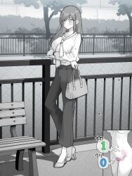bag breasts closed_mouth commentary_request female high_heels highres kakuremino7928 large_breasts large_variant_set limited_palette long_hair neckerchief object_insertion original outdoors pants remote_control_vibrator sex_toy shirt vaginal_object_insertion vaginal_penetration variant_set vibrator vibrator_under_clothes