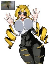 1girls against_glass against_surface against_wall arthropod_girl big_breasts blush breasts breasts_on_glass drooling gaga_onon humanized insect_girl looking_at_viewer on_glass pressed_against pressed_on_glass pressing_breasts saliva tears wasp wasp_girl wasp_waist