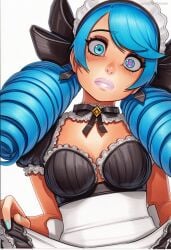 2025 ai_generated artist_name blue_eyes blue_hair breasts crazyfishbones drill_hair female gwen_(league_of_legends) long_hair maid maid_headdress solo twin_drills