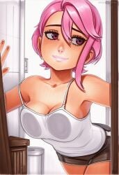 2025 ai_generated artist_name breasts cleavage collarbone crazyfishbones female looking_at_viewer pink_hair short_hair shorts solo tank_top