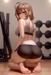 1girls 2d ai_generated ass barefeet big_ass breasts brown_hair erophoenix feet female female_focus full_body gym hairclip hololive hololive_english hololive_english_-council- hololive_english_-promise- indoors looking_at_viewer medium_breasts nanashi_mumei navel patreon_username short_shorts shorts solo solo_female sports_bra sweat thick thick_thighs toes uncensored virtual_youtuber vtuber