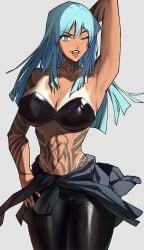 1girls abs alternate_version_available atlus bangs big_breasts black_bra black_lips black_lipstick blue_eyes blue_hair blush bra breasts clothed clothed_female clothing commission commissioner_upload demon demon_girl devil_summoner female front_view hand_above_head leather leather_clothing leather_pants lipstick long_hair looking_at_viewer madoro_q megami_tensei muscular muscular_female nemissa_(megami_tensei) one_eye_closed simple_background six_pack smile smiling smiling_at_viewer smirk smirking smirking_at_viewer solo solo_female solo_focus soul_hackers stomach_tattoo swastika tan tan-skinned_female tan_body tan_skin tanline tanlines tanned tanned_skin tattoo tattoo_on_arm tattoo_on_neck tattoo_on_stomach tattooed_arm tattoos tongue tongue_out