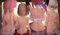 4girls 5girls back back_view bare_shoulders blonde_hair breasts cecilia_immergreen elizabeth_rose_bloodflame facing_away floral_print from_behind gigi_murin hair_ornament hair_ribbon hololive hololive_justice long_hair multiple_girls pink_hair ponytail raora_panthera red_hair ribbon short_hair silver_hair topless twintails