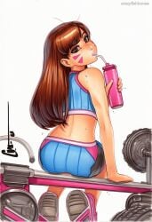 2025 ai_generated artist_name ass brown_eyes brown_hair crazyfishbones d.va_(overwatch) female from_behind ground_vehicle long_hair looking_back sitting solo