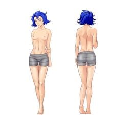 1girls apricott big_breasts blue_hair emily_(stardew_valley) pink_eyes pink_nipples stardew_valley topless