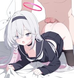 1boy absurdres after_sex black_choker black_eyes black_hairband black_pantyhose black_sailor_collar black_serafuku black_shirt black_skirt blue_archive blue_pupils braid breasts censored chinese_commentary choker clothed_female_nude_male clothed_sex clothes_pull colored_inner_hair commentary_request cum doggy_style female grey_hair hairband halo highres jyt long_hair mismatched_pupils mosaic_censoring multicolored_hair neckerchief nipples nude open_mouth pantyhose pantyhose_pull penis pink_hair pink_halo plana_(blue_archive) red_pupils sailor_collar school_uniform serafuku sheet_grab shirt side_braid single_braid skirt small_breasts straight very_long_hair white_neckerchief young