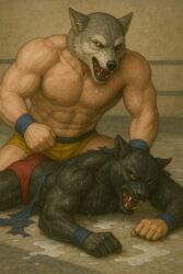 black_panther cum cum_on_body cum_on_floor furry panther red_underwear wolf wrestling yellow_briefs