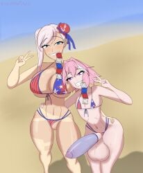 1boy 1boy1girl 1girls 4th_of_july astolfo_(fate) balls bikini blue_eyes breasts condom condom_in_mouth condom_on_penis condom_packet_strip condom_wrapper exposed_penis exposed_pussy fate/grand_order fate_(series) female huge_ass huge_balls huge_breasts huge_cock kawaiiredpandas male miyamoto_musashi_(fate) miyamoto_musashi_(swimsuit_berserker) otoko_no_ko otokonoko peace_sign penis pink_eyes pink_hair silver_hair smug smug_face taller_girl tan_body tanline thick_ass thick_thighs trap wearing_condom