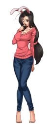 animal_ears bare_shoulders barefoot black_background black_eyes black_hair breasts bunny's_mother_(hentai_heroes) cg cleavage collarbone covered_nipples denim eyeshadow feet female finger_to_mouth full_body hentai_heroes jeans kinkoid large_breasts lipstick long_hair looking_at_viewer low-tied_long_hair makeup mature_female nail_polish off_shoulder official_art pants parody ponytail rabbit_ears simple_background solo standing sweater toenail_polish toes transparent_background very_long_hair