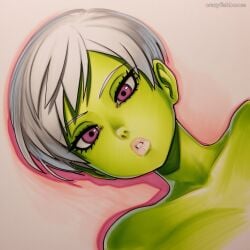 2025 ai_generated artist_name bangs crazyfishbones female looking_at_viewer lying original pink_eyes purple_eyes short_hair signature solo