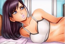2025 ai_generated artist_name black_hair blue_eyes breasts cleavage crazyfishbones elin female large_breasts long_hair looking_at_viewer lying solo