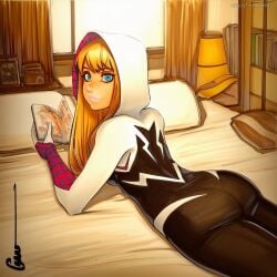 2025 ai_generated artist_name ass blonde_hair blue_eyes crazyfishbones female gloves long_hair lying marvel on_stomach pillow solo spider-gwen spider-man_(series)