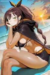 1girl ai_generated bangs beach belt bikini black_bikini black_cape blush braid breasts brown_hair cape cloud crossed_legs green_eyes hair_ribbon hand_on_own_cheek hi_res high_quality high_resolution hood long_hair looking_at_viewer navel ocean outdoors patreon ponytail ribbon savvyraexo seductive sexy shaula_(re:zero) shiny shiny_clothes shiny_skin shorts sitting sky smile solo swimsuit thighs uncensored very_long_hair water watermark