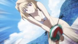 1girls anime_screenshot arcueid_brunestud ball beach bikini blonde_hair breasts carnival_phantasm cleavage dutch_angle emphasis_lines female medium_breasts motion_blur red_eyes side-tie_bikini_bottom solo swimsuit tsukihime volleyball volleyball_(object)