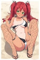 ai_generated beach big_breasts bikini bikini_aside boobs_out fishnet_legwear fishnets flip_flops green_eyes liltigerx multicolored_bikini panties_aside red_hair spread_legs spread_pussy tan_body tanline twintails