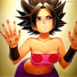 2025 ai_generated artist_name bare_shoulders black_hair breasts caulifla cleavage crazyfishbones dragon_ball female midriff short_hair solo spiked_hair