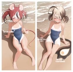 2girls animal_ears arm_support barefoot black_hair blush breasts brown_hair camisole closed_eyes gigi_murin hololive hololive_justice multicolored_hair multiple_girls one-piece_tan shadow smile strap_slip tan tanline twintails two-tone_hair white_hair