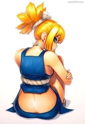 2025 ai_generated artist_name ass back blonde_hair blue_eyes crazyfishbones female from_behind kohaku_(dr._stone) looking_back ponytail sitting solo