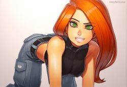 2025 ai_generated artist_name breasts crazyfishbones female green_eyes long_hair looking_at_viewer orange_hair original sleeveless smile solo tank_top