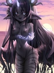 3_horns absurd_res anthro beach black_hair black_markings black_sclera blue_eyes blue_markings breasts dragon female fluffy fluffy_tail fur genitals grey_body grey_fur hair hi_res horn markings multi_horn mythological_creature mythological_scalie mythology nature nature_background outside pussy scalie solo standing sunset tail vulva wispomia zefellina