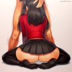 2025 ai_generated artist_name ass black_legwear crazyfishbones fate/stay_night fate_(series) female long_hair skirt solo thighhighs tohsaka_rin