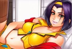 2025 ai_generated artist_name breasts crazyfishbones faye_valentine female green_eyes hairband large_breasts looking_at_viewer navel purple_hair short_hair solo