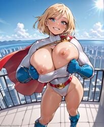 ai_generated artist69 big_breasts costume dc_comics nipples paizuri power_girl rooftop superheroine