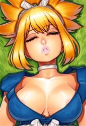 2025 ai_generated artist_name blonde_hair breasts cleavage closed_eyes crazyfishbones female kohaku_(dr._stone) large_breasts lying short_hair solo upper_body