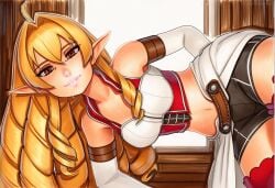 2025 ai_generated artist_name blonde_hair breasts crazyfishbones elf elinalise_dragonroad female large_breasts long_hair pointy_ears red_eyes solo thighhighs