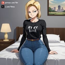ai ai_generated android_18 blonde blonde_hair clothed clothing dragon_ball dragon_ball_z jeans narrow_waist sitting t8r thick_thighs thighs wide_hips