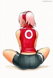2025 ai_generated artist_name ass crazyfishbones female from_behind pink_hair sakura_haruno short_hair shorts sitting sleeveless solo