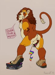 ! 1boy 2019 anthro anus ass backsack ball_fondling ball_tuft balls bodily_fluids chubby clothing english_text erection felid flaccid fluffy fondling footwear full-length_portrait fur genital_fluids hi_res humanoid_penis koorivlf koorivlf_tycoon lgbt_pride_colors lion looking_at_viewer looking_back male male_only mammal mane multicolored_fur nipples nude orange_fur pantherine penis perineum portrait post_transformation precum precum_drip presenting rainbow_symbol red_fur sandals shoes simple_background smile snout solo species_transformation standing text transformation tuft uncut white_fur wide_stance