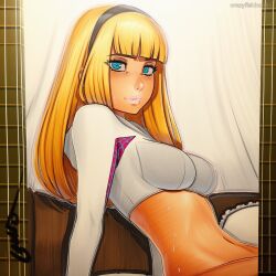 2025 ai_generated artist_name blonde_hair blue_eyes blunt_bangs breasts crazyfishbones female hairband large_breasts long_hair solo spider-gwen underwear