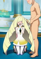 ai_generated blonde_hair clothed_female_nude_male faceless_male flustered hairjob happy kneeling lusamine_(pokemon) nintendo novelai pokemon pokemon_sm